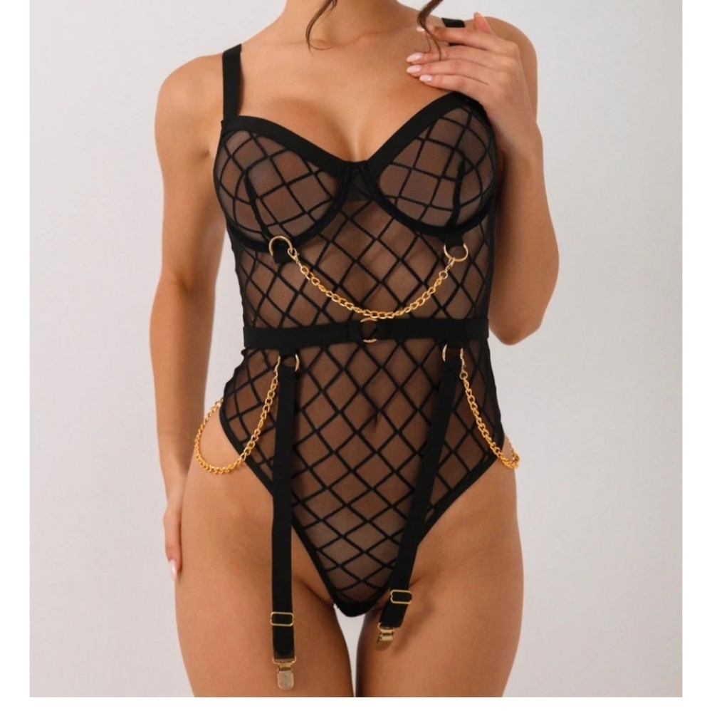 FASCINATING NIGHTS INTIMATE Je t’aime Plaid Bodysuit - Black